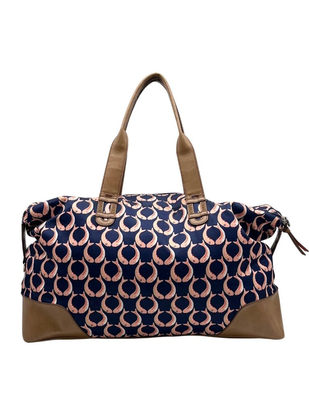 Stella & Dot Navy Blue Fish Print Nylon Weekender Travel Bag